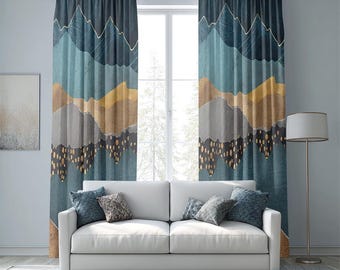 Waves Blue Curtains, Abstract Mountain Landscape Window Drapes, Golden Nature Curtains, Modern Nordic Style Decor, Living Room Curtains