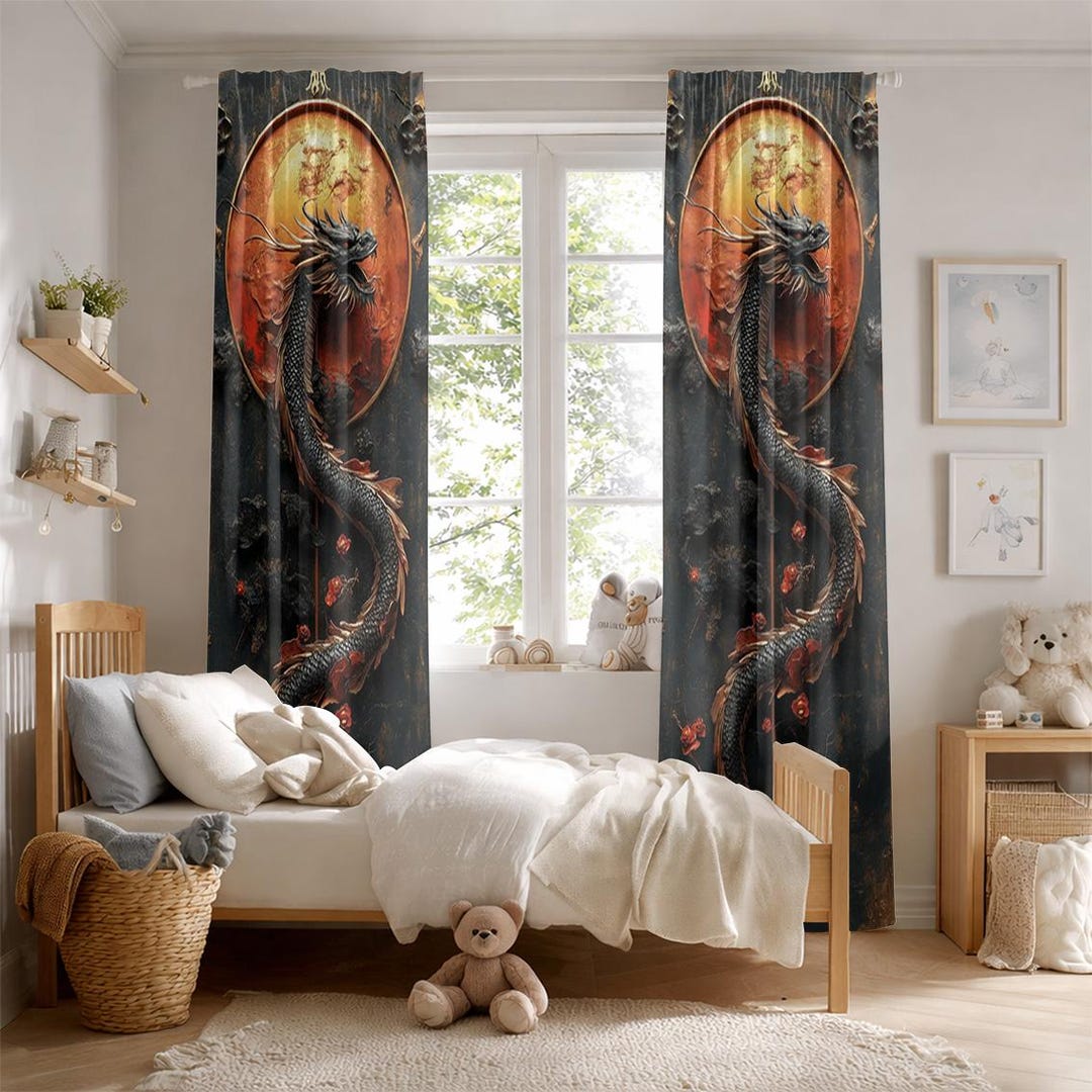 Chinese Dragon Curtains, Mythical Golden Sun Window Drapes, Dark ...
