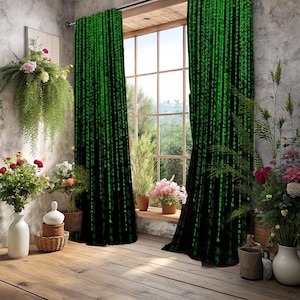 Matrisridå, digitala regnridåer med binär kod, gröna kodgardiner med cyberpunk, vägg med virtuell verklighet