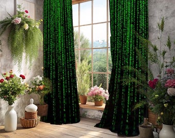 Matrix Curtain, Binary Code Digital Rain Curtains, Cyberpunk Green Code Drapes, Virtual Reality Wall