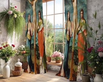 Renaissance Crucifixion Curtains, Classic Religious Scene Window Drapes, Christian Illustration, Catholic Home Decor, Living Room Curtains