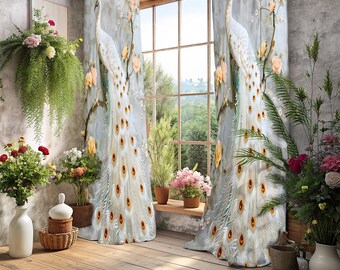 White Peacock & Peach Blooms Curtains, Elegant Bird Window Drapes, Pastel Floral Wall Curtains, Aesthetic Curtains, Living Room Curtains