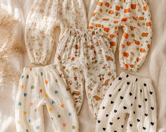 Baby Muslin Harem Pants, Organic Cotton Toddler Pants, Baby Girl Boy Summer Trousers, Unisex Kids Clothing, Loose Cartoon Bottoms