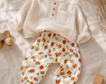 Baby Muslin Harem Pants, Organic Cotton Toddler Pants, Baby Girl Boy Summer Trousers, Unisex Kids Clothing, Loose Cartoon Bottoms