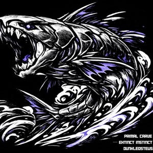 May include: Black and white illustration of a Dunkleosteus fish with its mouth open, leaping from the water. Accented with purple highlights. Text at the bottom reads "PRIMAL CARVE - EXTINCT INSTINCT 06 - DUNKLEOSTEUS."