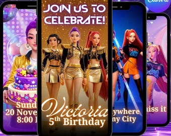 Kpop demonenjagers gouden verjaardag video-uitnodiging bewerkbare canva digitaal geanimeerd (Huntrix goud-wit) bedanktag, ticketkaartbundel