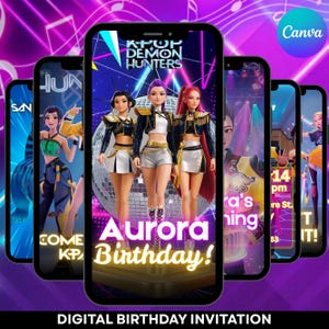 Op de afbeelding: Digitale verjaardagsuitnodiging met een KPOP-thema. Het ontwerp toont geanimeerde figuren op een podium, met de tekst "Aurora Birthday!" in een gloeiend lettertype. De achtergrond is een levendige mix van paars en blauw.