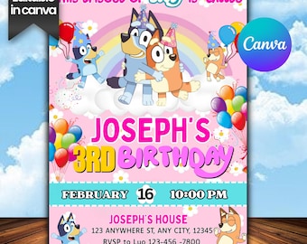 Blue Dog Birthday Invitation, Dog Themed Birthday Invite, Editable Cartoon Birthday Party Invite, Canva Printables, Instant Digital Download