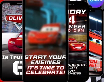 Bilar födelsedagsvideoinbjudan | Redigerbar Lightning McQueen Canva-inbjudan | Digital mobilfestinbjudan