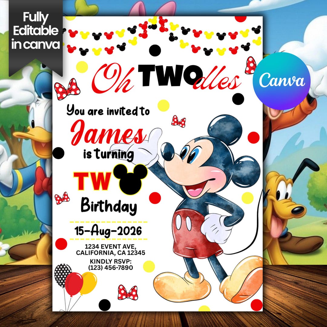 Editable Mickey Mouse Oh Twodles Birthday Invitation Digital Canva ...
