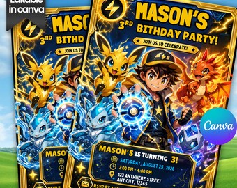 Birthday invitation Pokemon instant download digital invite Pokémon card themed invitation for birthday party, canva Digital Download