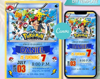 Pokemon Birthday Invitation, Pokemon Party Invite, Kids Card Template, Editable Canva Digital Download