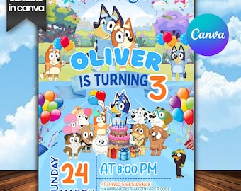 Blue Dog Birthday Invitation, Birthday Party, Editable Invite, Boy, Digital Download Template, Bingo, Bluey