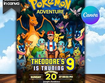 Editable Pokemon Birthday Invitation, Printable Pikachu Party Invite Card Digital Template for Kids Canva