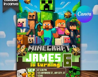 Pixel Block Birthday Party Invitation Template, MineCraffterr Boys Birthday Party Invite, Gamer Invitation, High Quality Canva Template