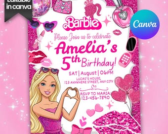 Editable fashion doll birthday Invitation, malibu hot pink birthday party, bestie invitation, Instant Download, Canva Template