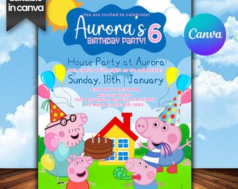 Editable Peppa Pig Birthday Invitation: Kids Birthday Party Invite, Personalized Canva Template, Digital Download