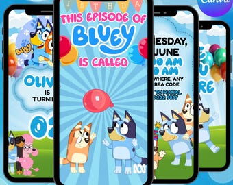Bluey födelsedagsinbjudan, Bluey videoinbjudan, Bluey inbjudan, Bluey animerad inbjudningsvideo, digital födelsedagsvideoinbjudan, Canva-redigerbar