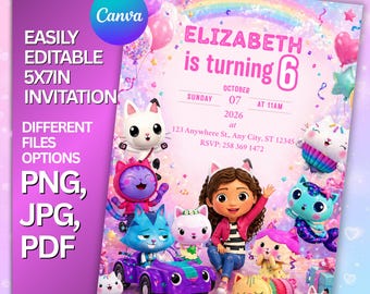 Gabby dollhouse invitation | gabby dollhouse birthday invitation | gabbys dollhouse invitation Customizable on Canva, instant download