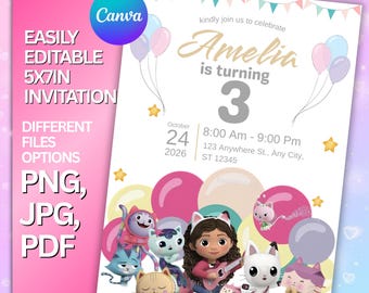 Printable Gabby's Dollhouse Birthday Invitation Editable Gabby's Kids Birthday Party Template Editable Digital Download Girl Birthday Invite