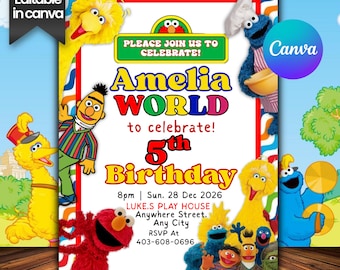 Editable Kids Cartoon Birthday Invitation, Elmo Party Evite, Elmo & Friends Theme Birthday Card, Canva Template (Digital Download)