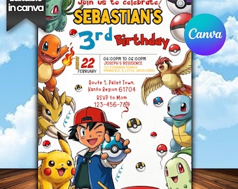 Pokemon Card Style Birthday Invitation with Photo, Boys Pikachu Charizard Party Invite, Editable Canva Template