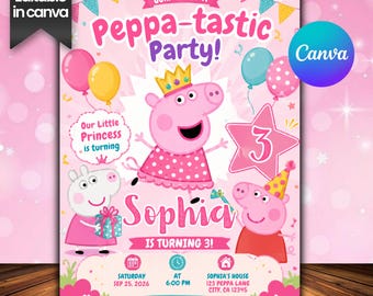 Editable Peppa Pig Birthday Invitation: Kids Birthday Party Invite, Personalized Canva Template, Digital Download