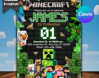 Pixel Block Birthday Party Invitation Template, MineCraffterr Boys Birthday Party Invite, Gamer Invitation, High Quality Canva Template