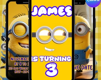 Invitación en video para fiesta de cumpleaños de los Minions, invitación móvil personalizada animada digital para niños