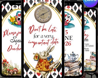 Digital Alice in Wonderland Outdoor Invitation,digital Alice invite onederland birthday, Whimsical Mad Tea Party Invite,1st Birthday invite