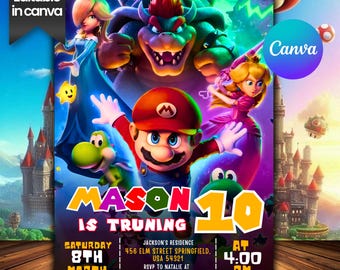 Mario Galaxy Birthday Invitation, Outer Space Party Invite, Boys Gaming Birthday Card, Canva Template, Instant Download (5x7 in)