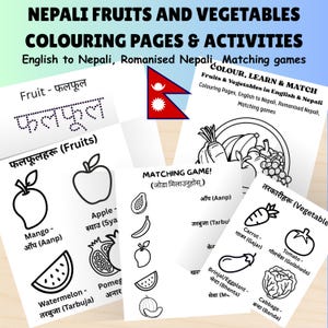 Puede incluir: Páginas para colorear y actividades educativas sobre frutas y verduras nepalíes. Incluye traducciones inglés-nepalí, juegos de emparejamiento e ilustraciones de mangos, manzanas, sandías, zanahorias y más.