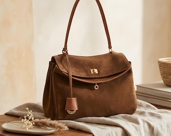 Bolso tote de cuero vintage para mujer, bolso de hombro, cartera de gamuza marrón, gran capacidad, trabajo, viajes.