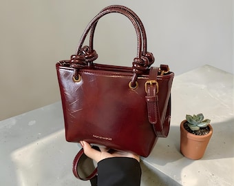 Vintage Leder Tote, Burgunder Handtasche, Frauen Schulter Carryall Shopper Casual Travel, Büro Geldbörse