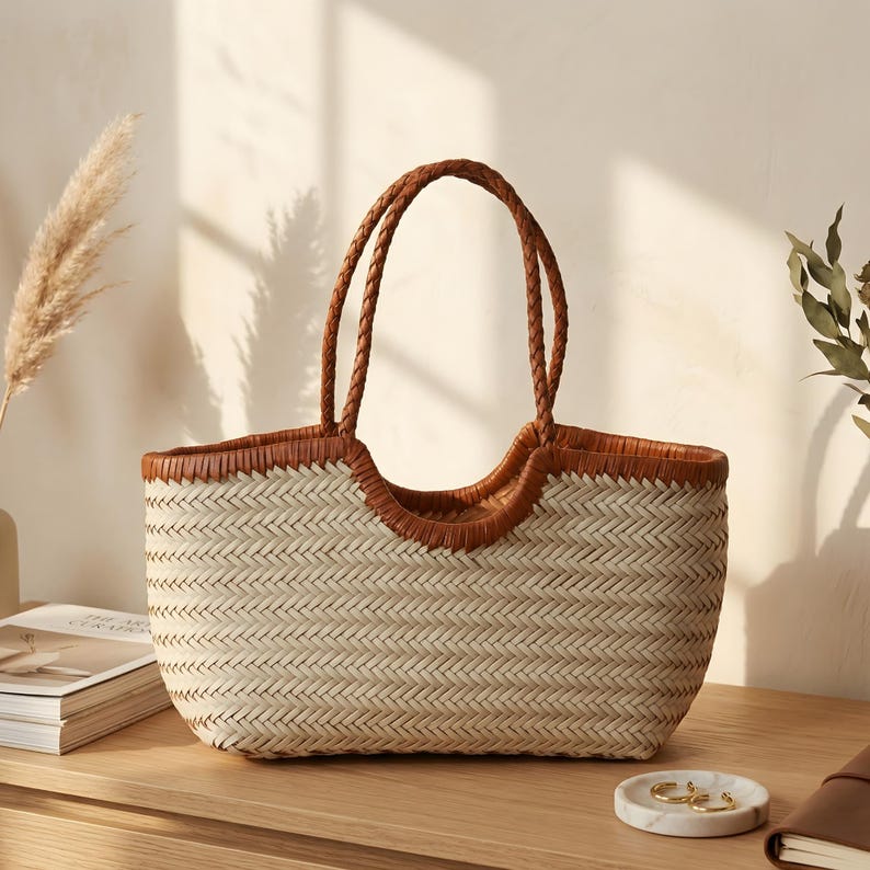 K&ouml;nnte beinhalten: Eine gewebte Stroh-Tragetasche mit braunen Lederbes&auml;tzen und geflochtenen Griffen. Die Tasche hat eine rechteckige Form und eine nat&uuml;rliche Farbpalette, perfekt f&uuml;r den Transport von Essentials. Die Tasche steht auf einer Holzoberfl&auml;che.