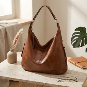 Puede incluir: Un bolso hobo de cuero marr&oacute;n con una sola correa para el hombro. El bolso tiene forma curva, cierre de cremallera y herrajes dorados. El bolso est&aacute; sobre una superficie de piedra junto a un cuaderno y unas gafas.