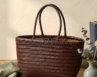 Bolso tote de cuero tejido, bolso de hombro de cuero genuino, bolso de piel de vaca tejido a mano, bolso tote grande trenzado vintage