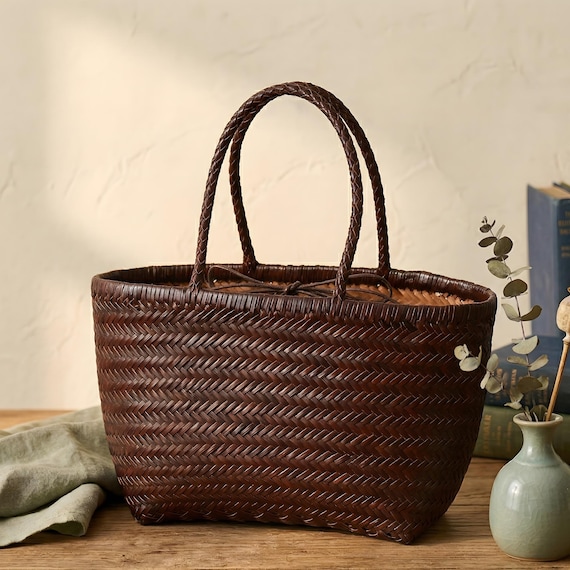Woven Leather Tote, Genuine Leather Shoulder Bag, Handwoven Cowhide Purse, Vintage Braided Large Tote