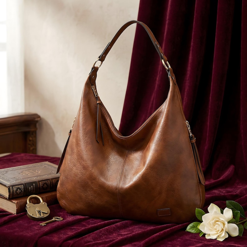 Puede incluir: Un bolso de hombro grande de cuero marr&oacute;n con una sola correa. El bolso tiene un dise&ntilde;o holgado con cierre de cremallera y borlas decorativas. Una cerradura y llave doradas est&aacute;n sobre una pila de libros.