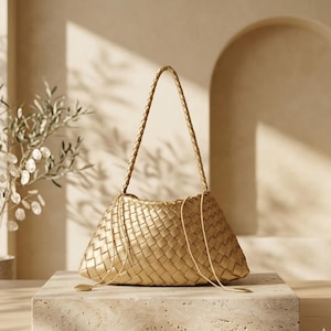 May include: A gold-coloured woven handbag with a braided handle and a long, thin strap. The bag is displayed on a stone surface, with a neutral background and a plant in a vase to the left.