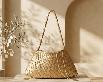 Bolso de piel tejida, bolso de mano ligero para uso diario, tipo tote tejido a mano.