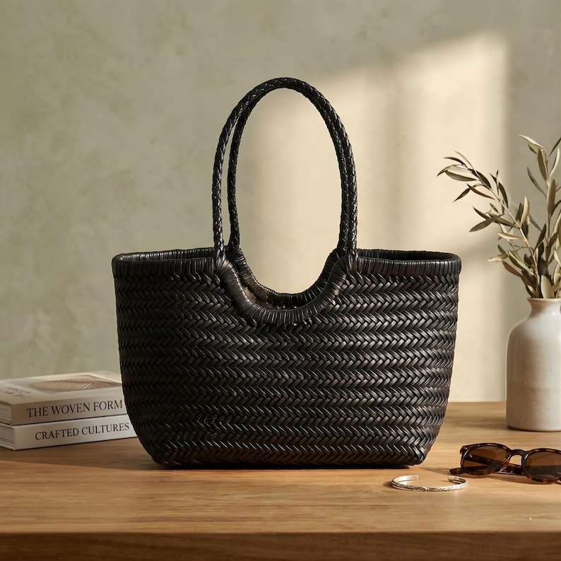 K&ouml;nnte beinhalten: Eine schwarze gewebte Tragetasche mit geflochtenen Griffen. Die Tasche hat eine rechteckige Form und eine strukturierte Oberfl&auml;che. Die Griffe sind gew&ouml;lbt und oben an der Tasche befestigt. Die Tasche steht auf einer Holzoberfl&auml;che.