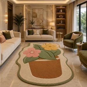 Tapete de lã tufado à mão, com estampa floral de vaso de flores, tapete botânico, tapete moderno feito à mão, decoração de luxo para casa, feito à mão na Índia.