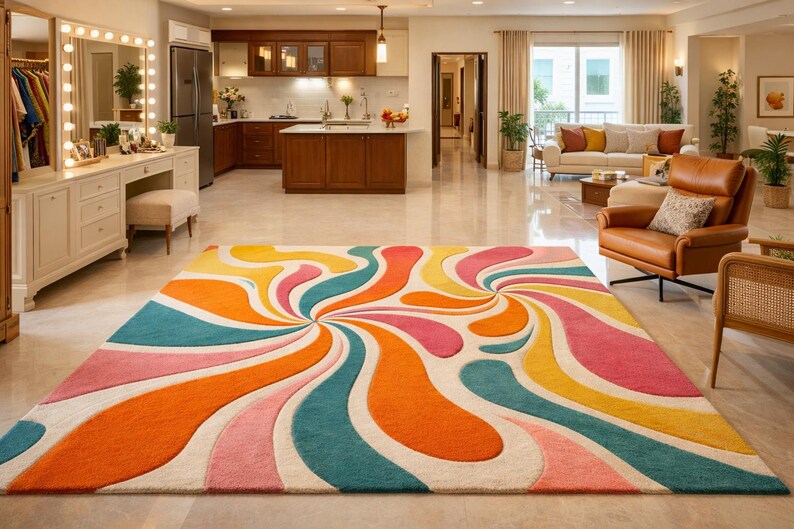 Hand Tufted Wool Abstract Swirl Rug, Colorful Modern Area Carpet, Soft ...