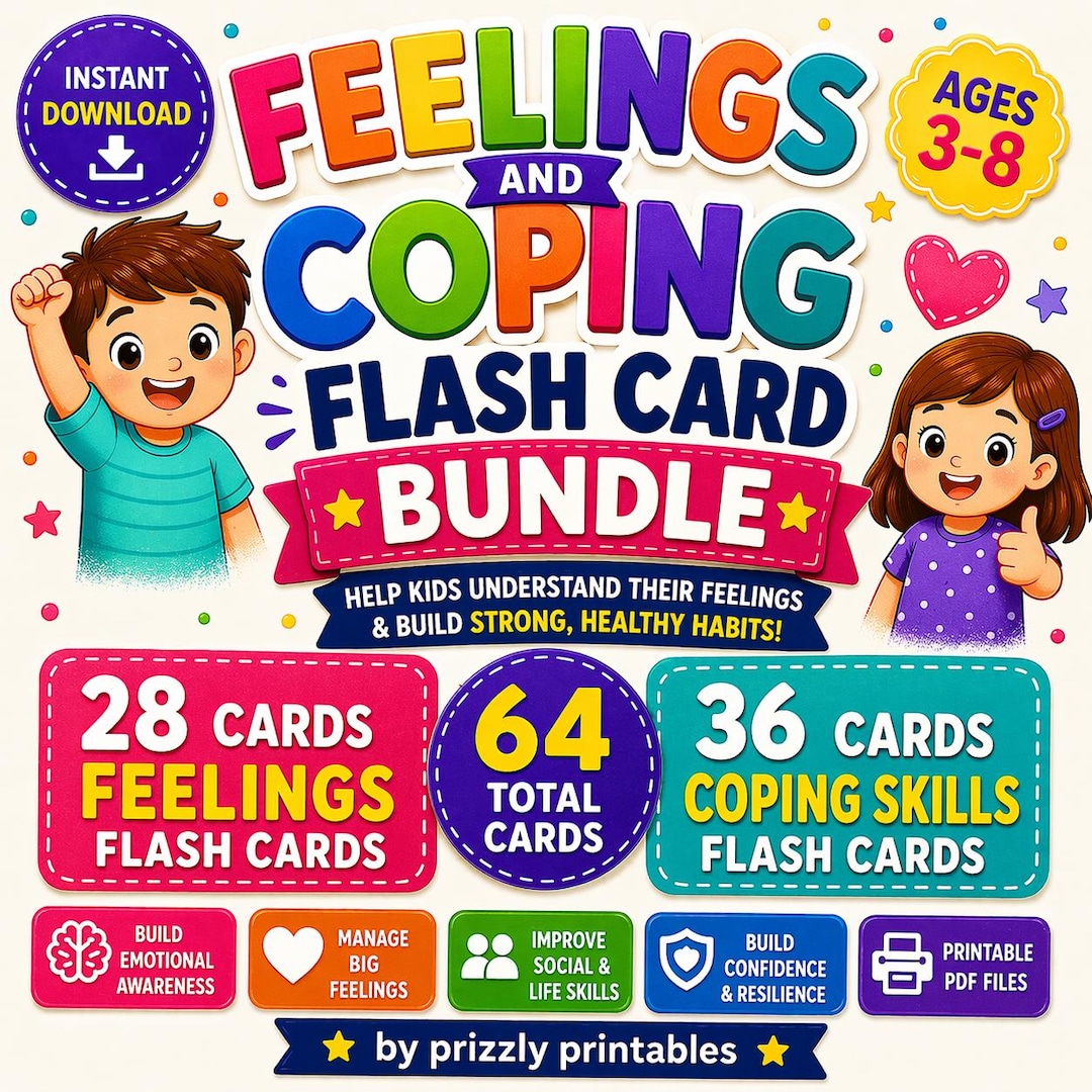 Feelings & Coping Flash Cards for Kids | Emotion Cards + Calm Down ...