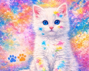 Kit de pintura de diamantes de gatito - Lienzo premium 5D con perforación completa - Regalo de arte de pared de animales - Kit de arte de diamantes de gato colorido