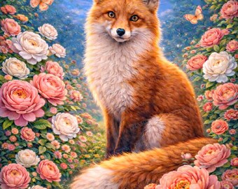 Kit de pintura de diamantes de zorro - Lienzo premium 5D con perforación completa - Arte de zorro con diamantes - Arte de animales con diamantes - Arte de flores con diamantes - Manualidades DIY