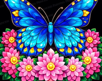 Diamant schilderij kit blauwe vlinder - Ambachtelijke vlinder en roze bloemen - bloemen vlinder diamant