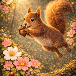 May include: A digital painting of a red squirrel clutching an acorn, set against a backdrop of pink and white flowers. A ladybug rests on a branch. The background has a soft, golden bokeh effect, creating a whimsical forest scene.