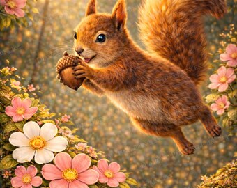 Diamant schilderij boseekhoorn - Vliegende eekhoorn met eikel - schattige dieren diamantkunst